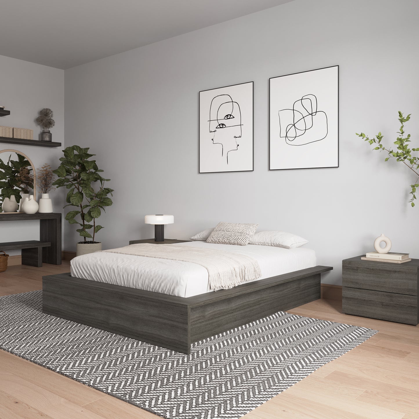 Lit plateforme James, chêne gris