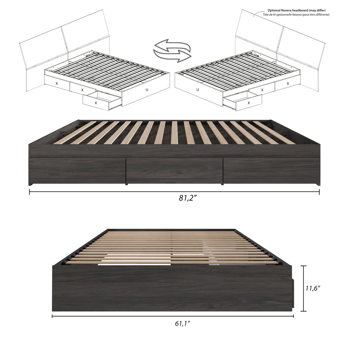 3-Drawer Storage Bed Frame in Bark Grey, Queen – dimensions diagram