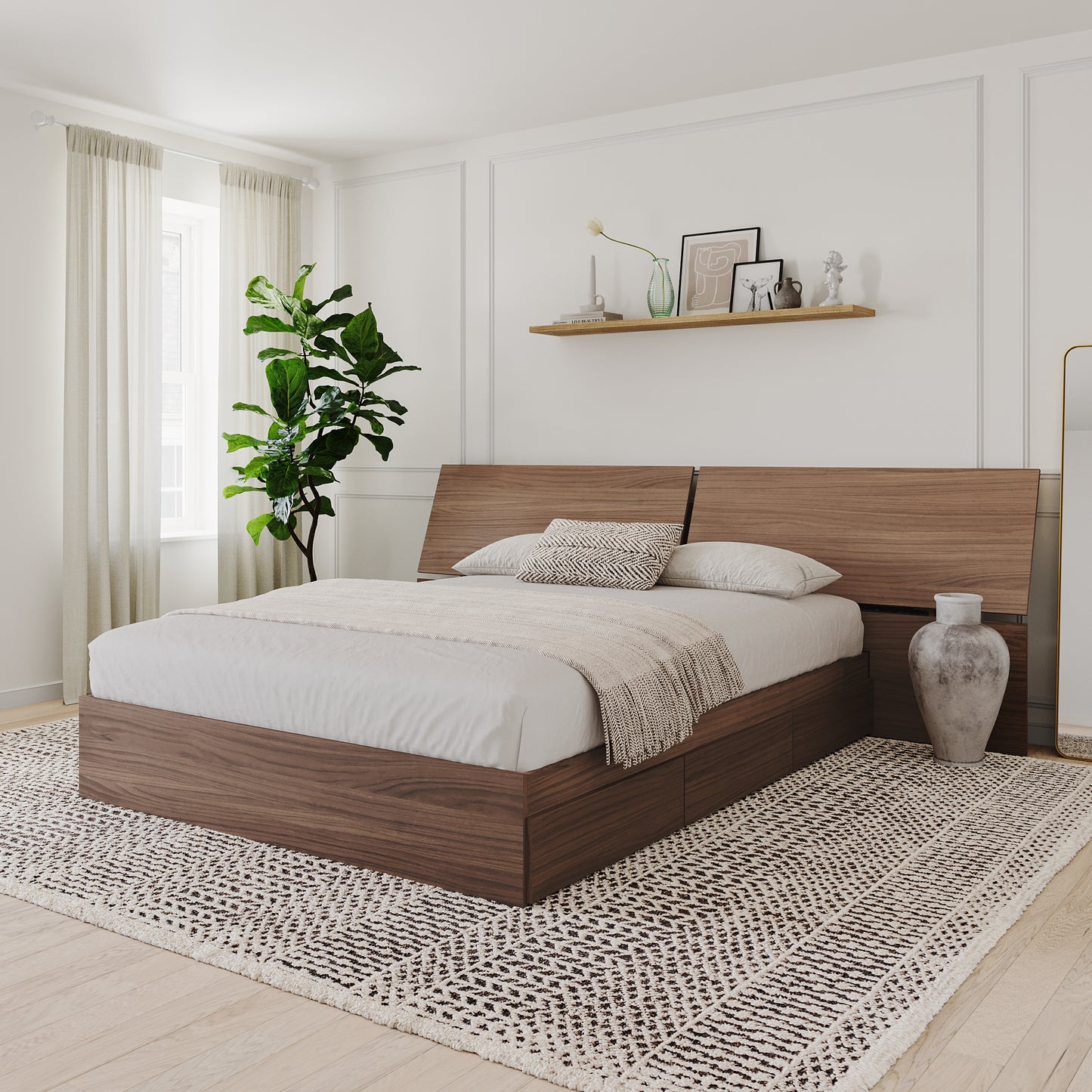 2-Piece Bedset With Bed Frame And Headboard, Walnut