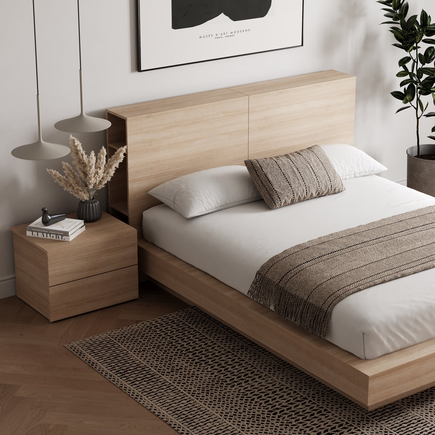 Ensemble de chambre à coucher plateforme 3 pièces Marconi, chêne blond naturel