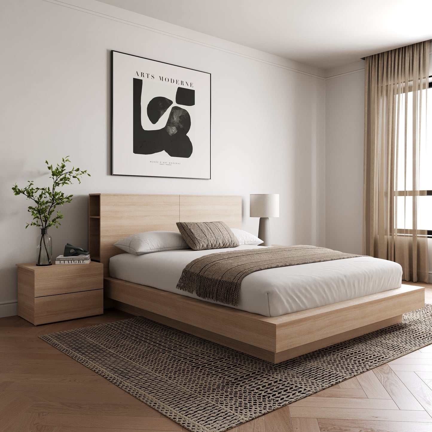 Marconi, ensemble de chambre à coucher plateforme 4 pièces, chêne blond naturel