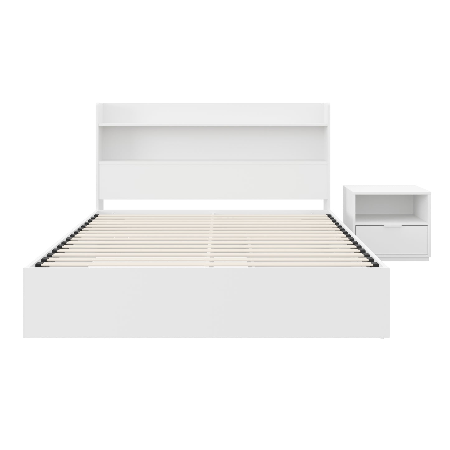 Lit plateforme Hunter avec tête de lit et table de nuit à 1 tiroir, blanc
