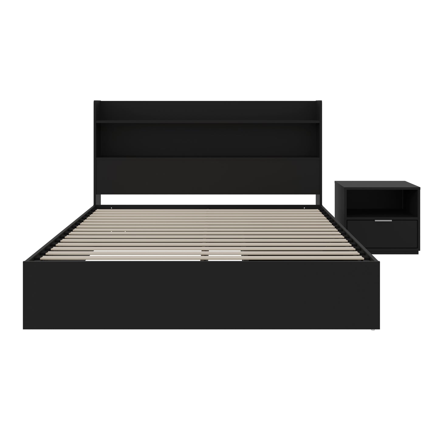 Lit plateforme Hunter avec tête de lit et table de nuit à 1 tiroir, noir