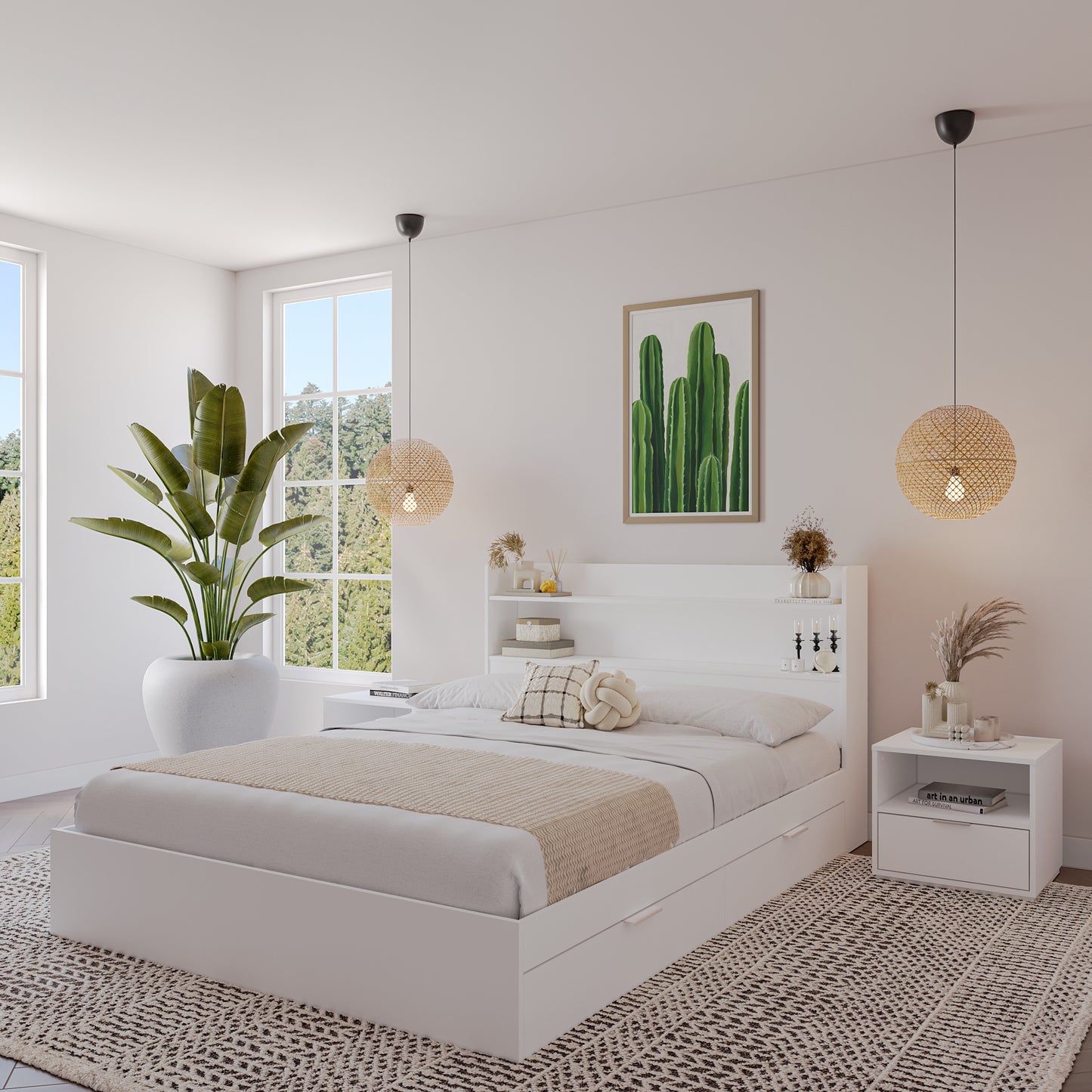 Lit plateforme Hunter avec tête de lit et 2 tables de nuit, blanc