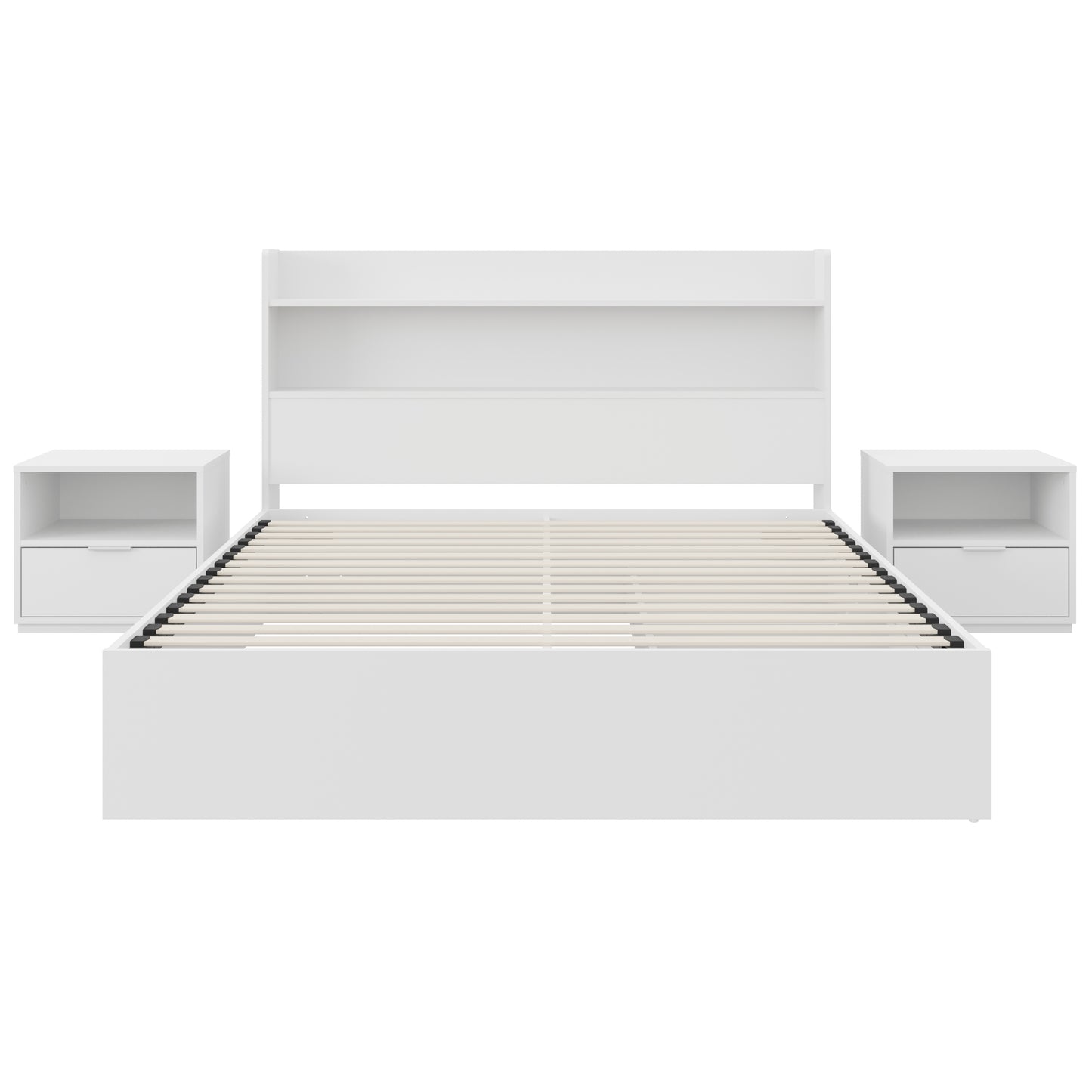 Lit plateforme Hunter avec tête de lit et 2 tables de nuit, blanc