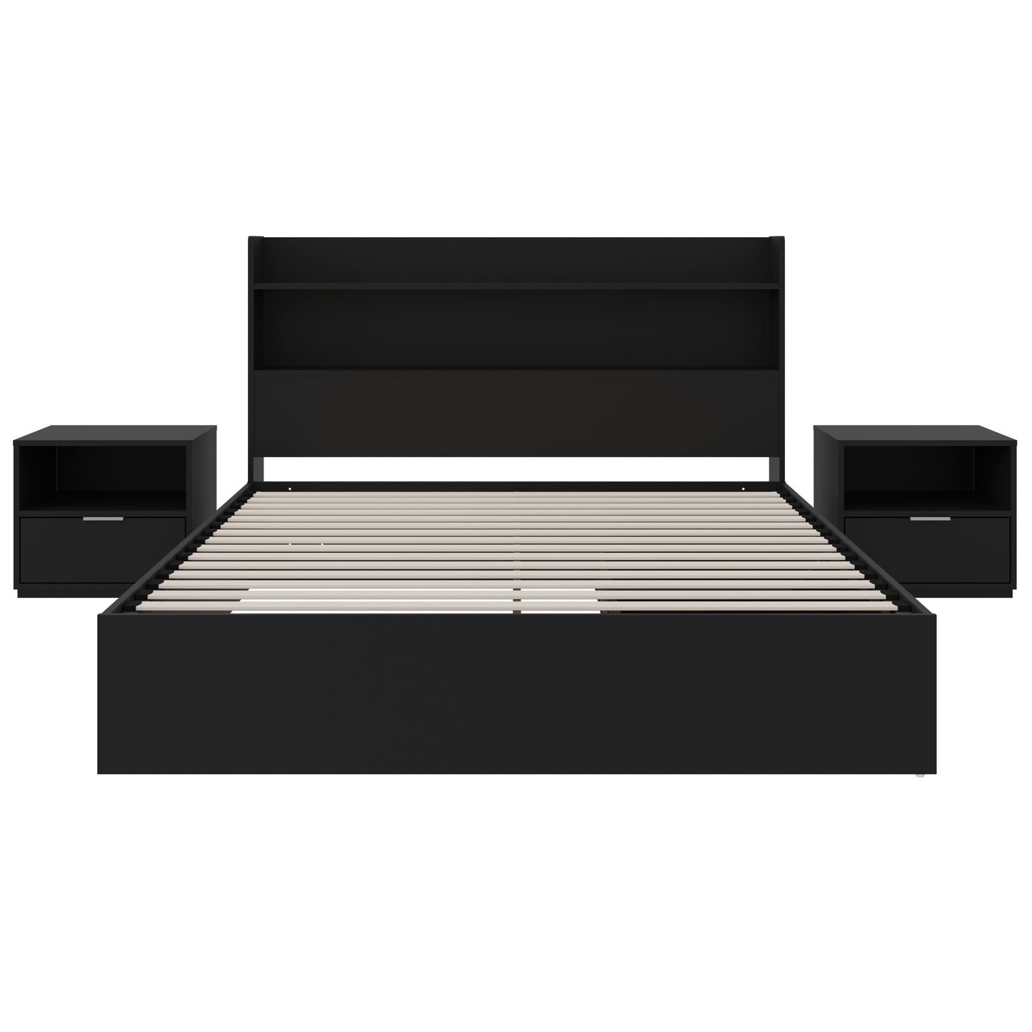 Lit plateforme Hunter avec tête de lit et 2 tables de nuit, noir