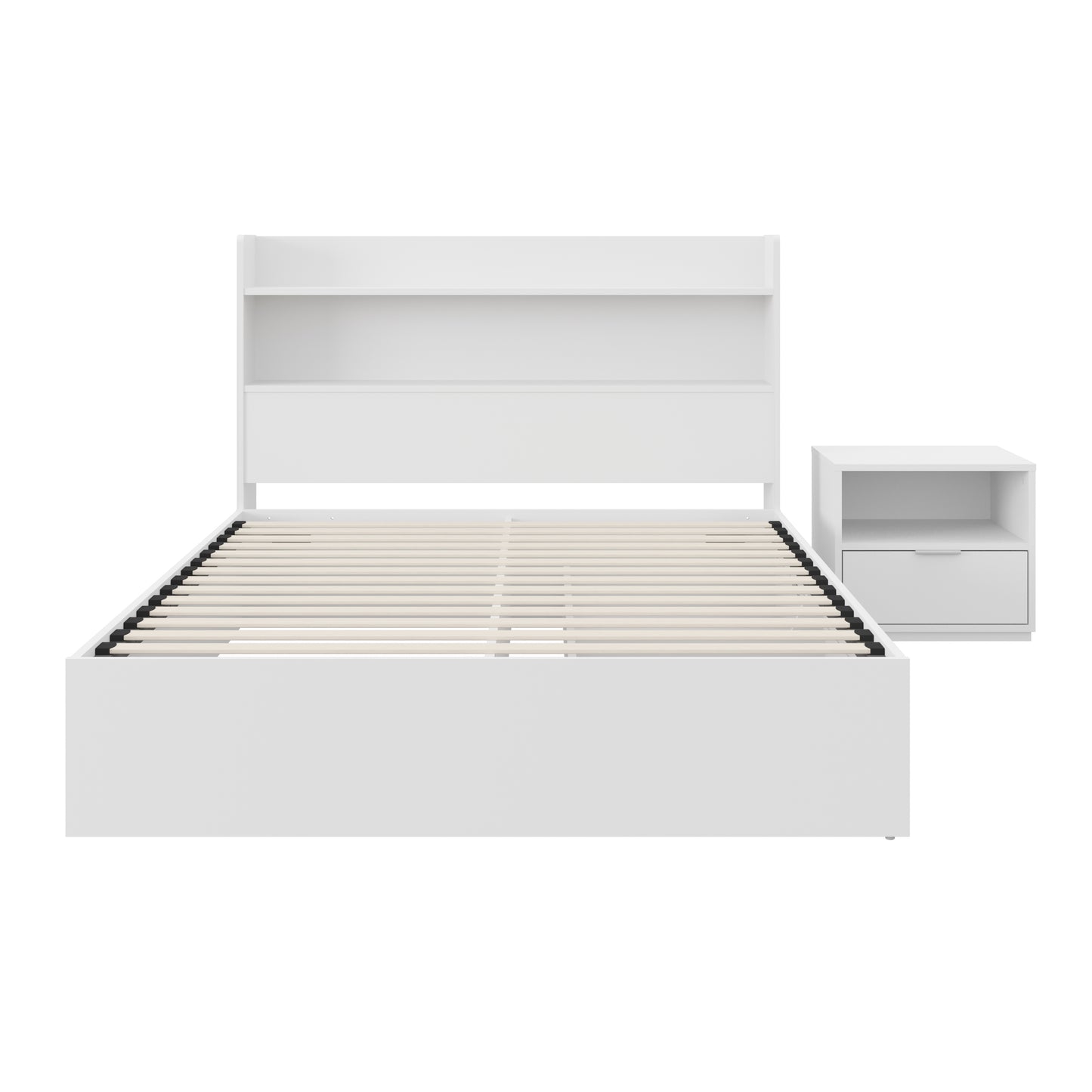 Lit plateforme Hunter avec tête de lit et table de nuit à 1 tiroir, blanc