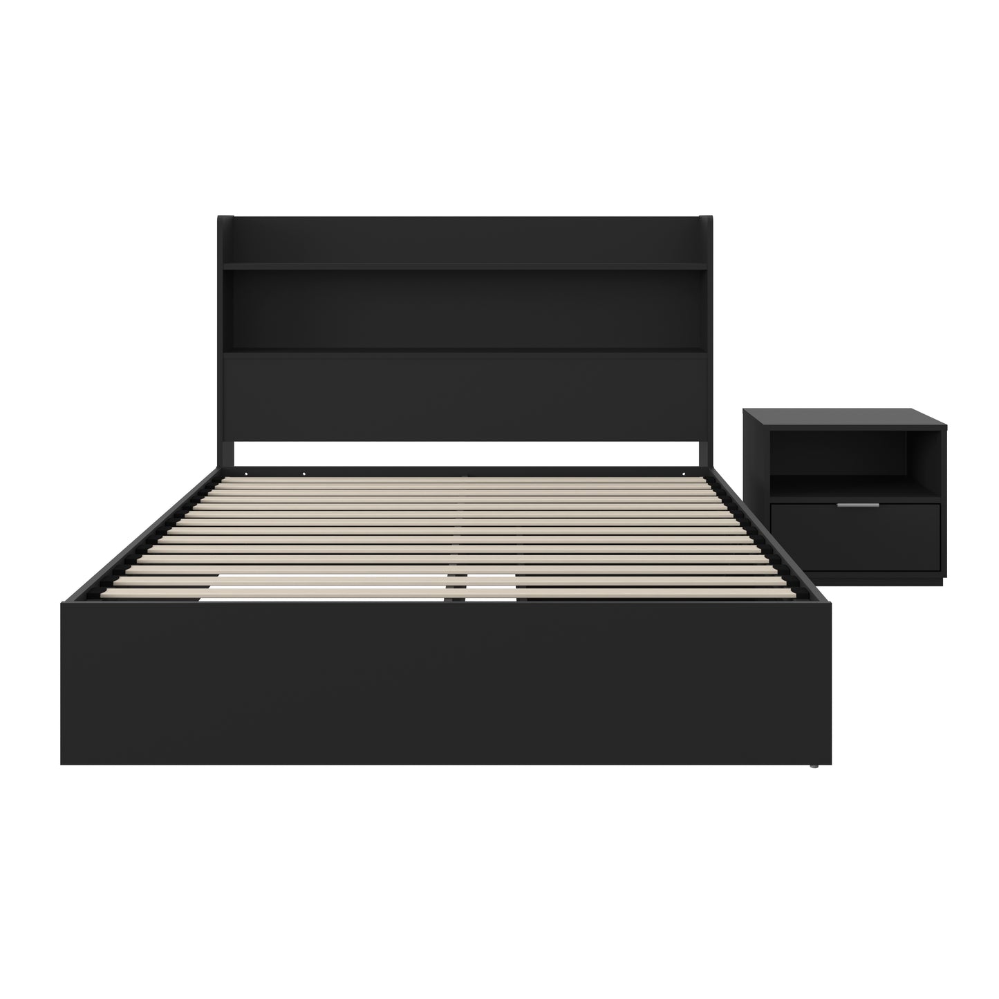 Lit plateforme Hunter avec tête de lit et table de nuit à 1 tiroir, noir