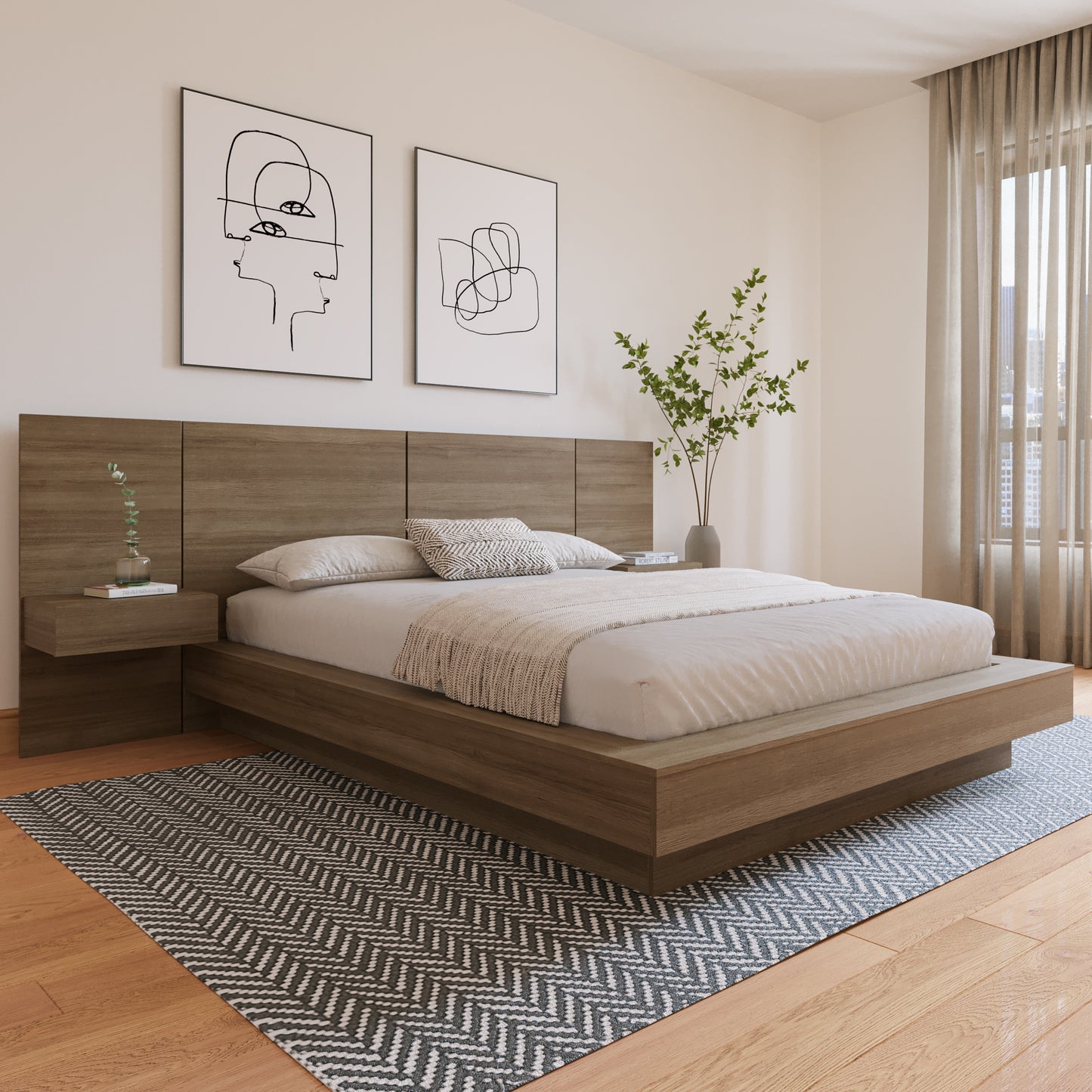 Napa, ensemble de chambre à coucher plateforme 4 pièces avec table de chevet flottante, chêne brun