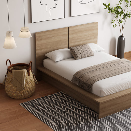 James Platform Bed With Headboad, Brown Oak