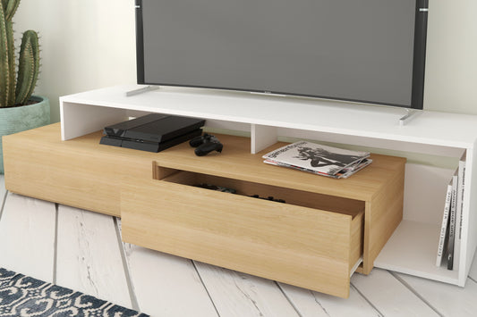 72-Inch Tv Stand With 2 Drawers in Natural Maple & White – detail photo
