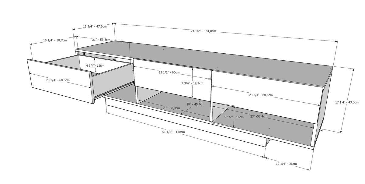 72-Inch Tv Stand With 3-Drawers in Golden Maple – dimensions diagram