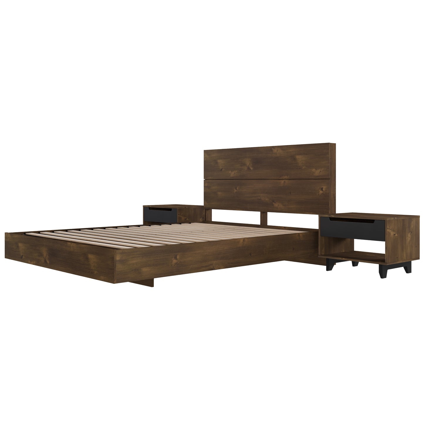 Ensemble de chambre à coucher à plateforme flottante Milo 4 pièces, 2 tables de nuit, lit double