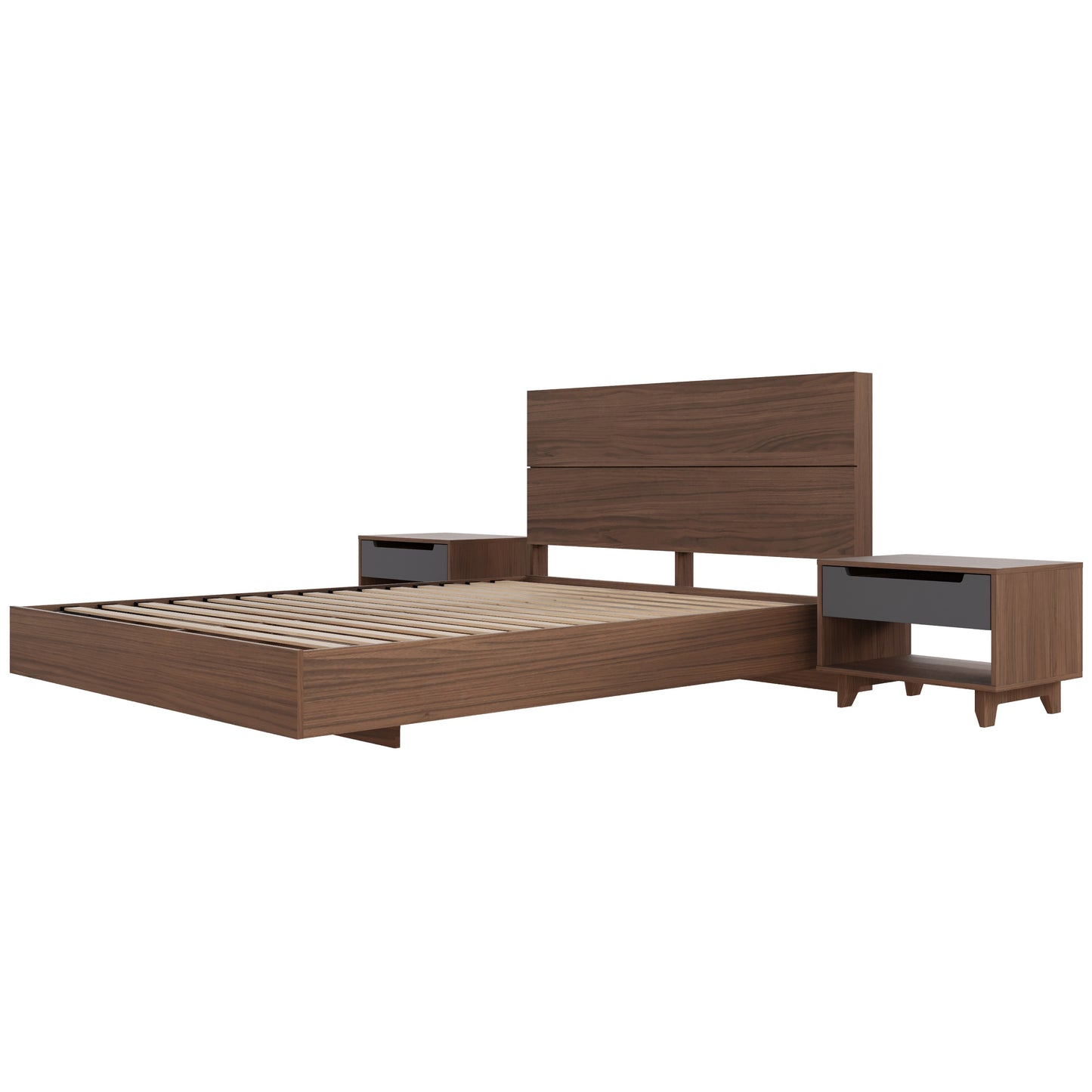 Ensemble de chambre à coucher à plateforme flottante Milo 4 pièces, 2 tables de nuit, lit double