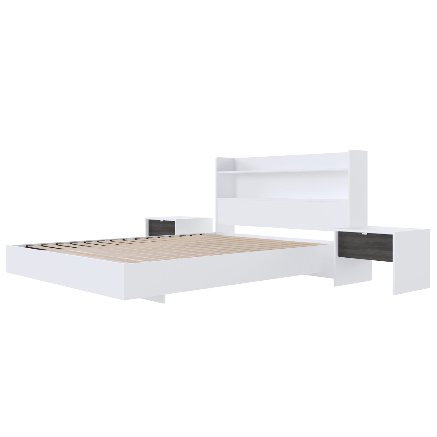 Ensemble de chambre à coucher à plateforme flottante Harper 4 pièces, 2 tables de nuit, lit double