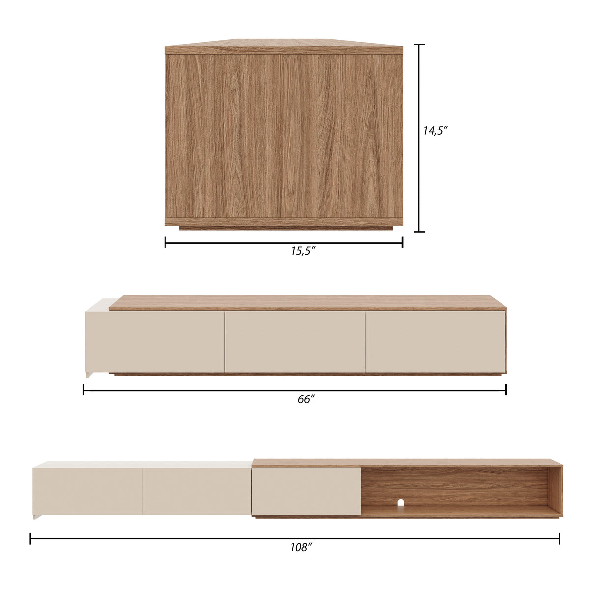 Arlo Extendable TV Console in Kiss Curl & Morning Dew – dimensions diagram