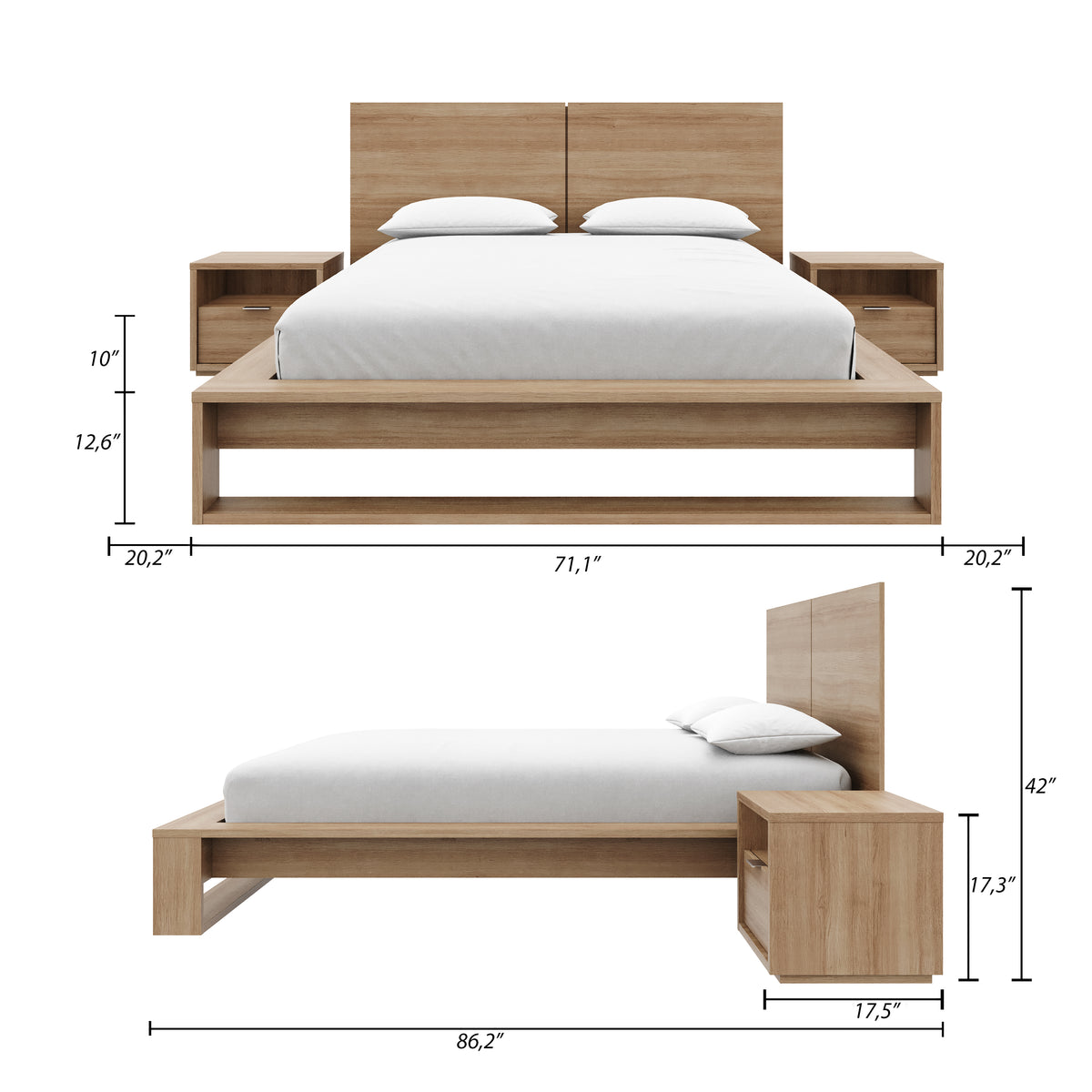 Audrey 4 Piece Bedroom Set with Headboard, Slatted Bedframe, 2 Nightstands, Queen in Brown Oak, Queen – dimensions diagram