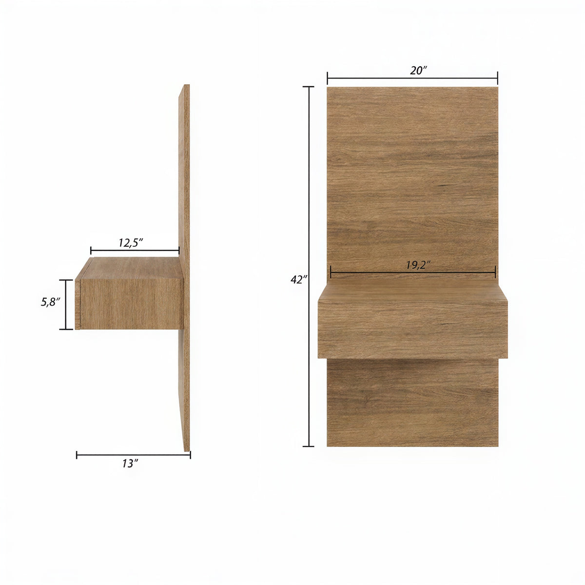 Milano Floating Nightstand Extension Panel Set of 2 in Brown Oak – dimensions diagram