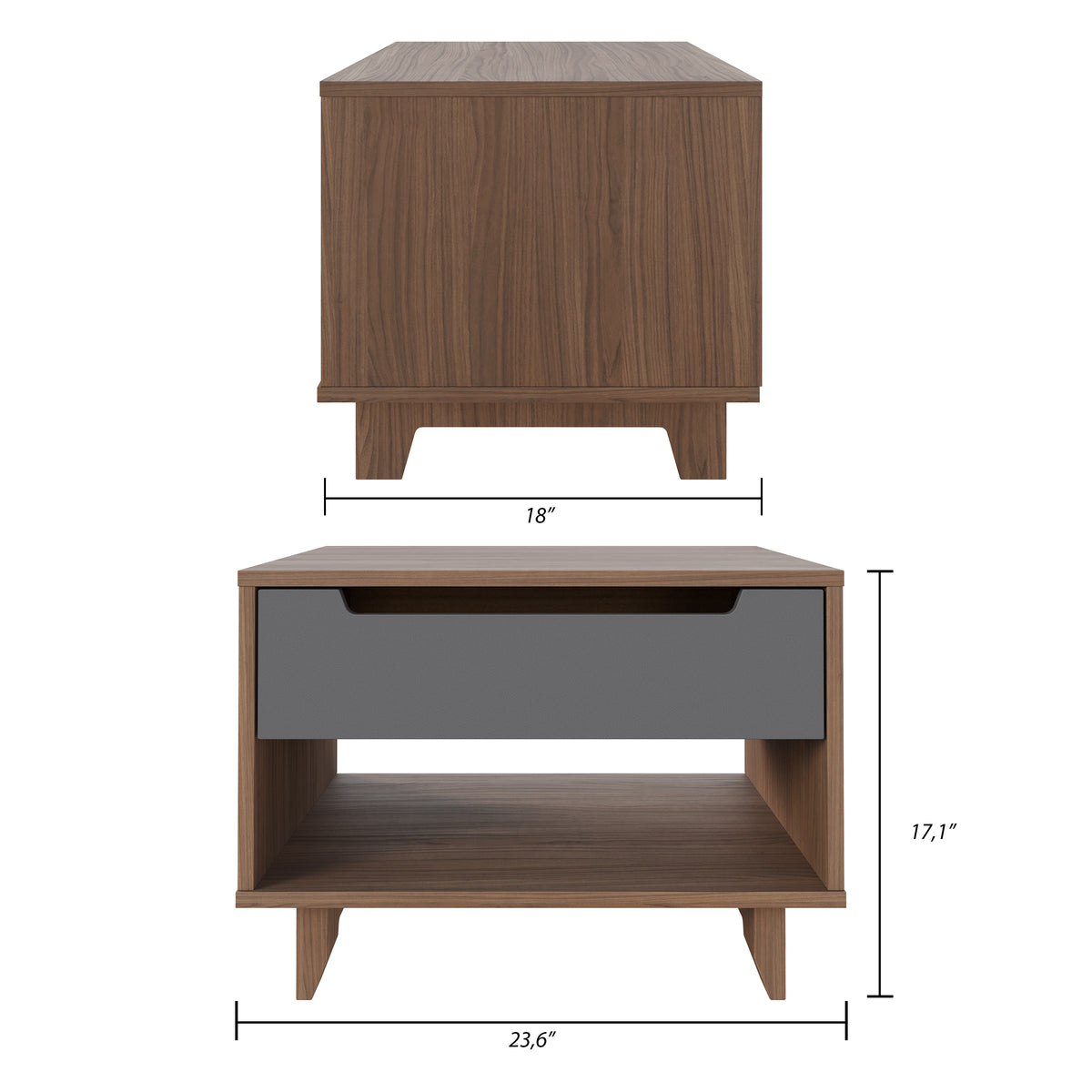 Nightstand 1-Drawer And Folding Door in Walnut & Charcoal – dimensions diagram