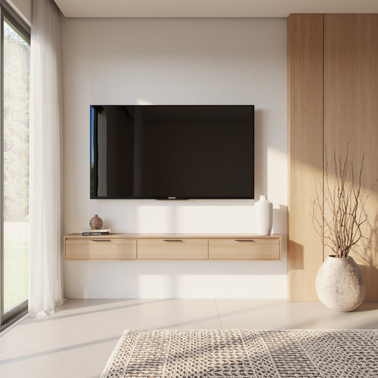 Slim 72” Wall-mounted 3-Door TV Stand with 3 Storage Cabinets in Natural Blonde Oak – lifestyle photo