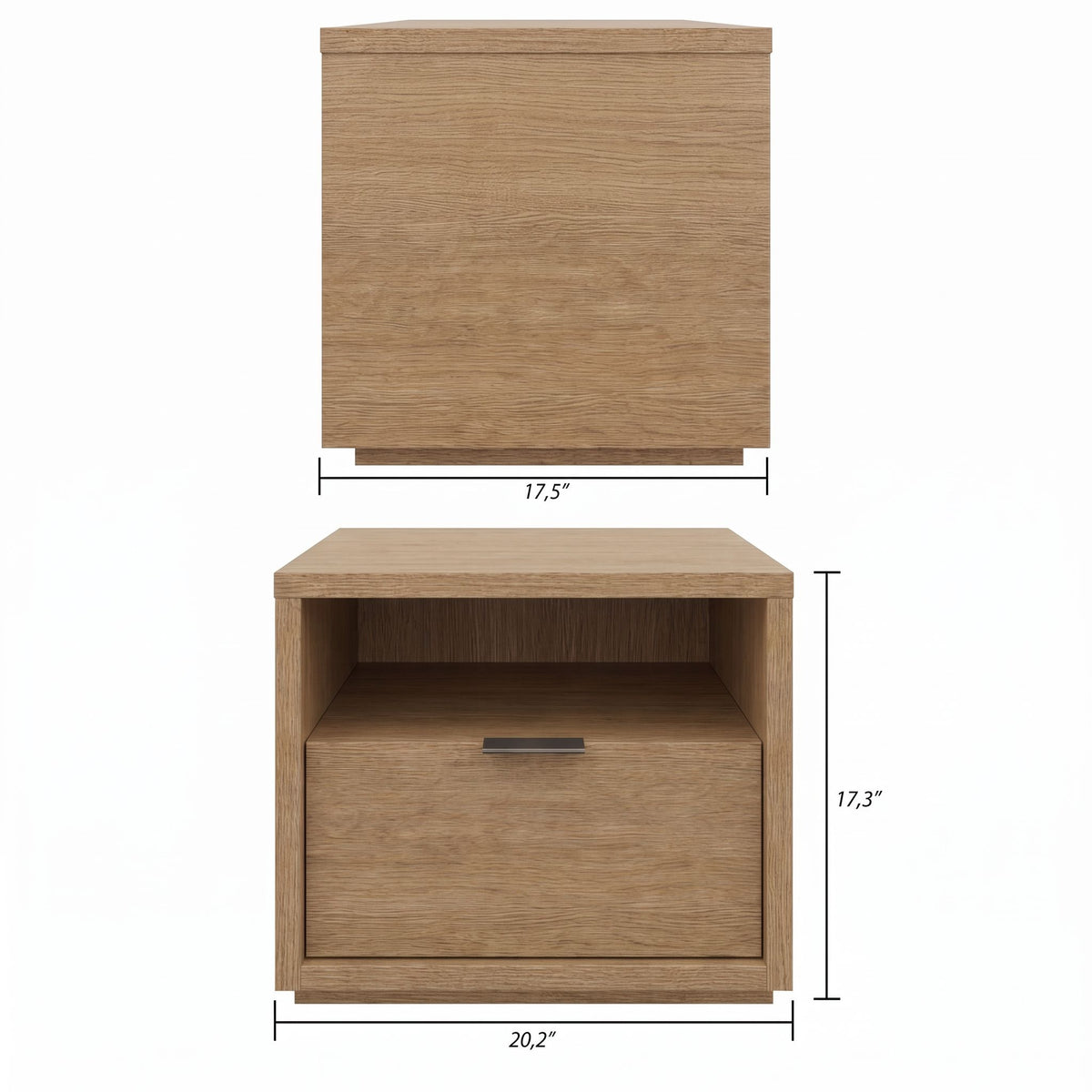 1-Drawer Modern Nightstand in Brown Oak – dimensions diagram