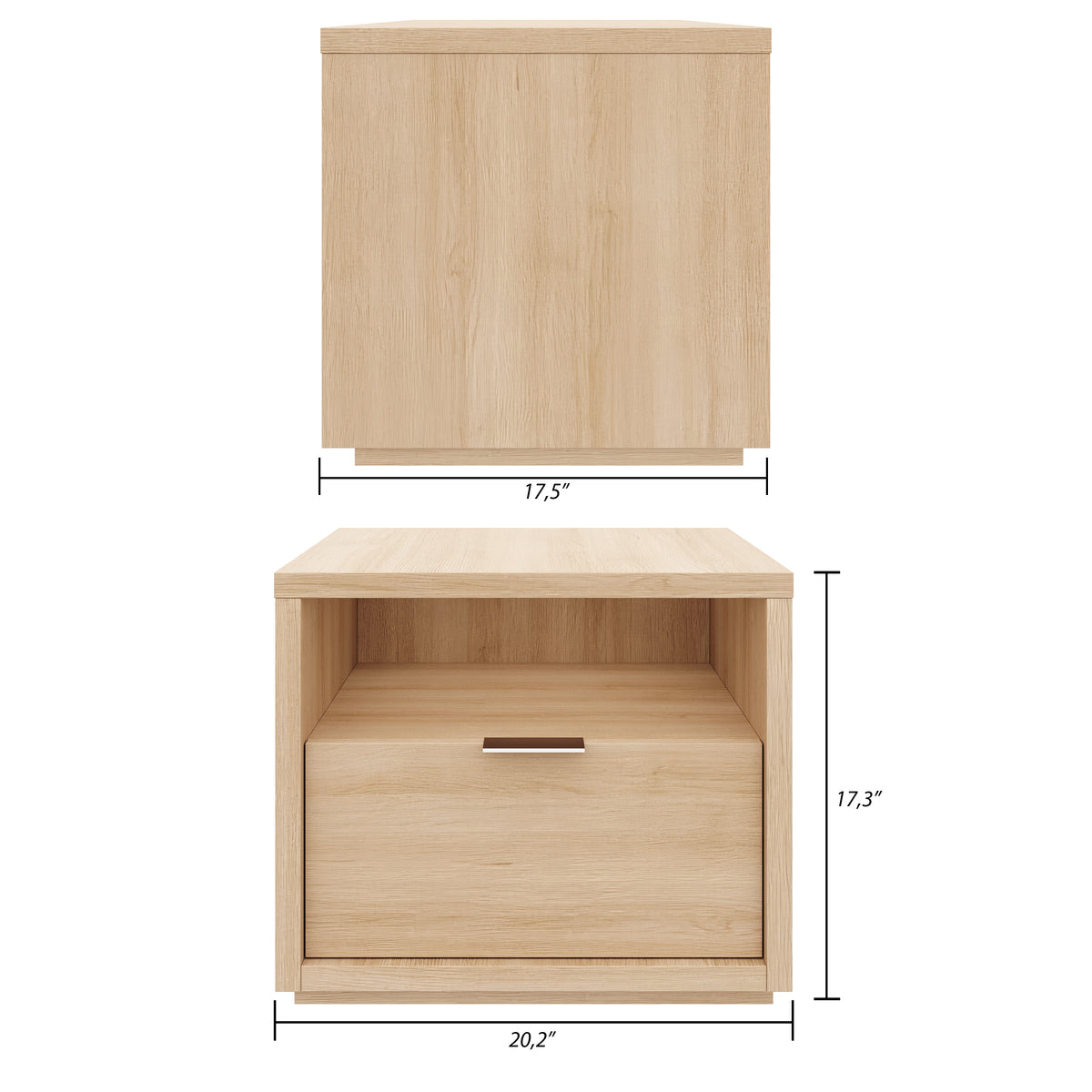 1-Drawer Modern Nightstand in Natural Blonde Oak – dimensions diagram