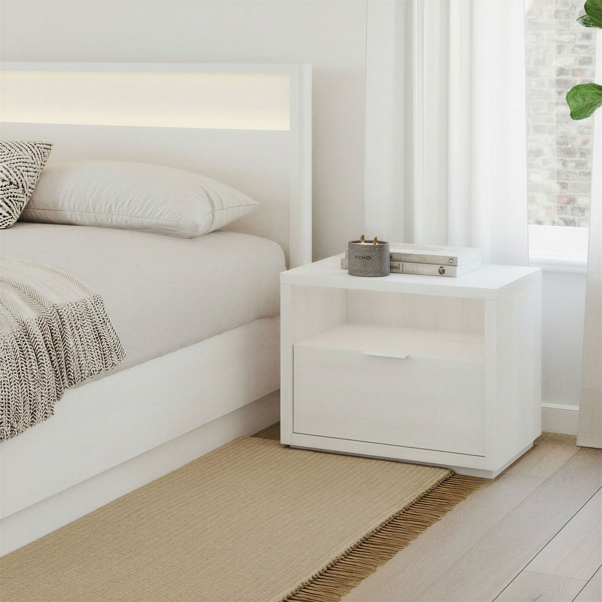 1-Drawer Modern Nightstand in White Wood Grain – lifestyle photo