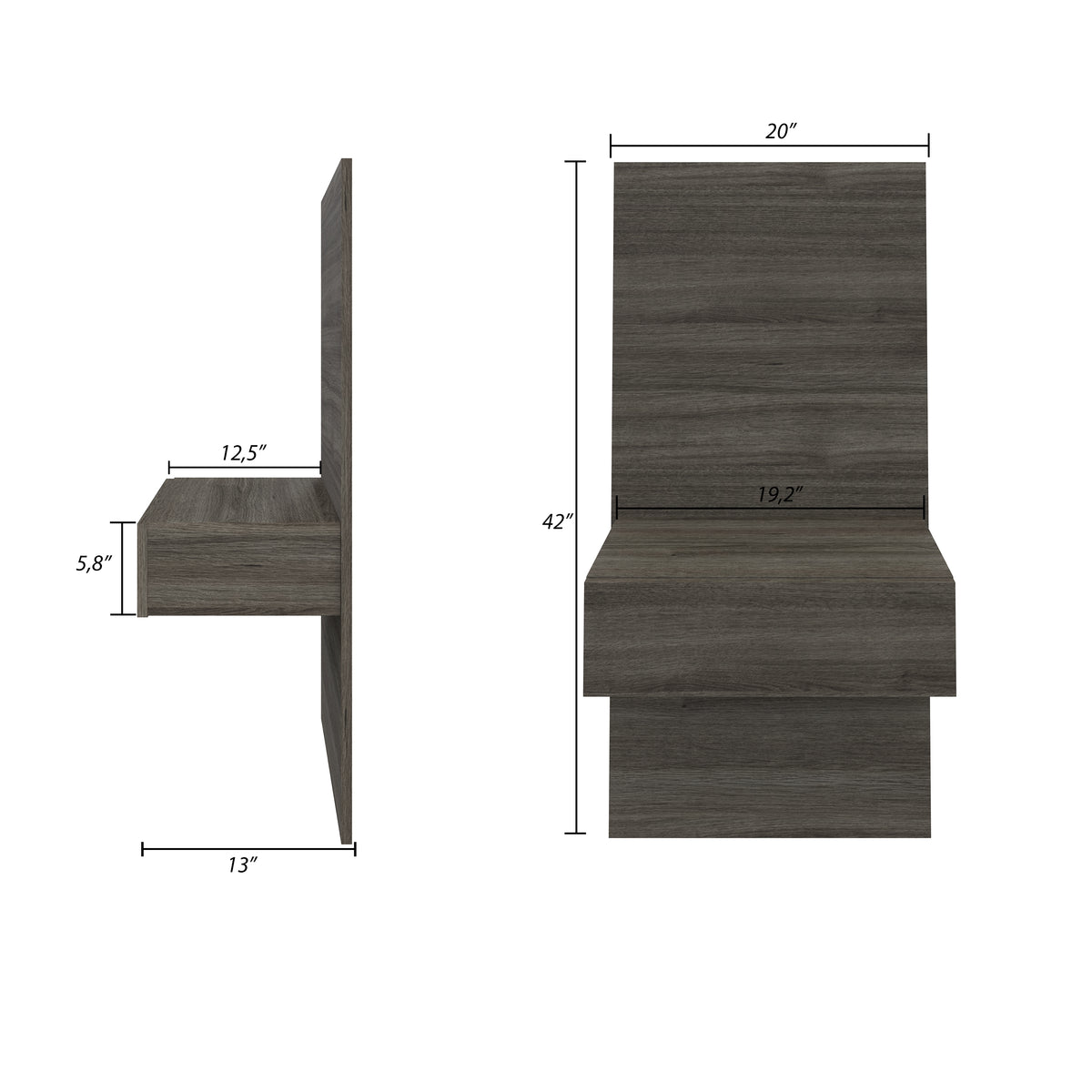 Milano Floating Nightstand Extension Panel Set of 2 in Grey Oak – dimensions diagram