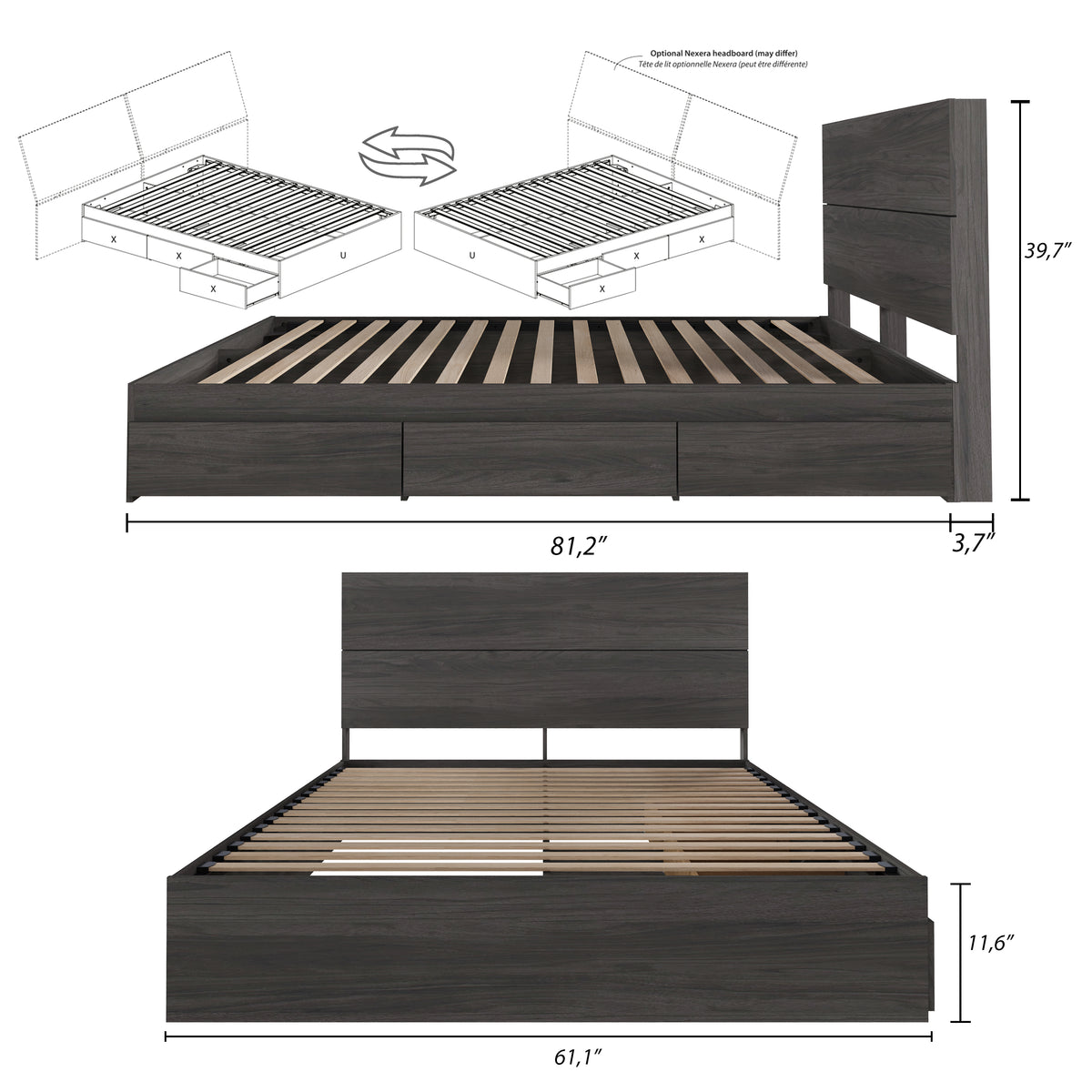 2-Piece Bedset With Bed Frame And Headboard, Queen in Bark Grey, Queen – dimensions diagram