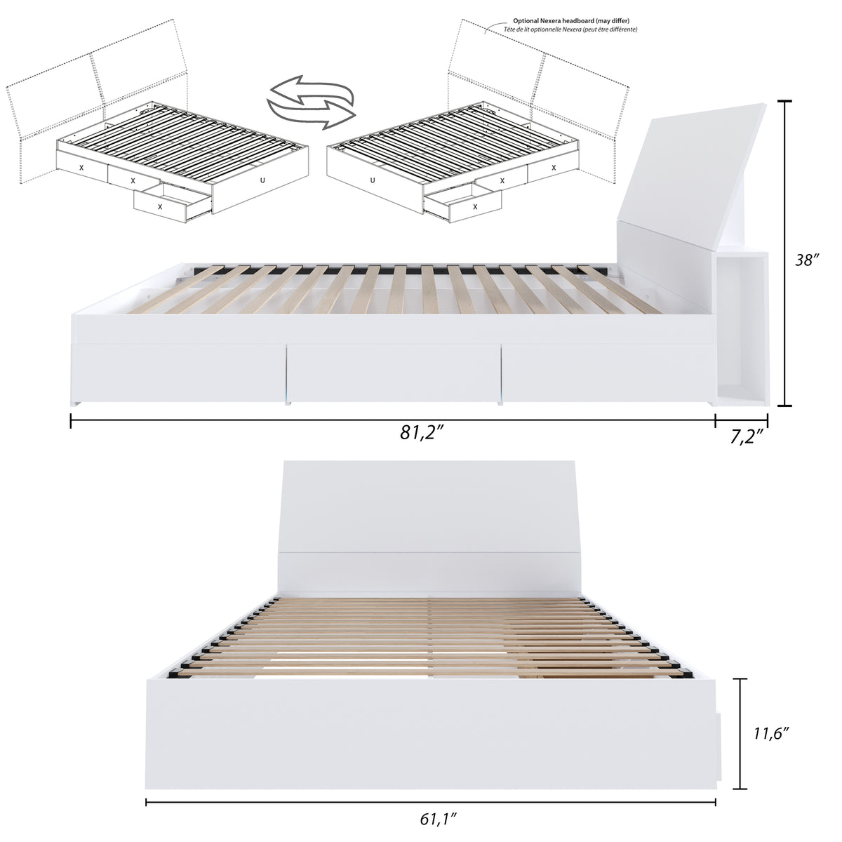 2-Piece Bedset With Bed Frame And Headboard, Queen in White, Queen – dimensions diagram
