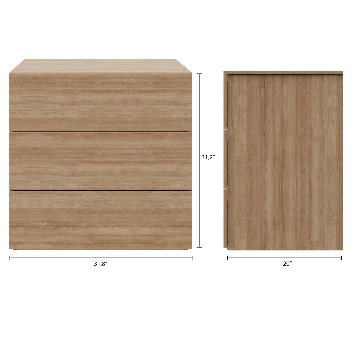 3-Drawer Modern Dresser in Brown Oak – dimensions diagram