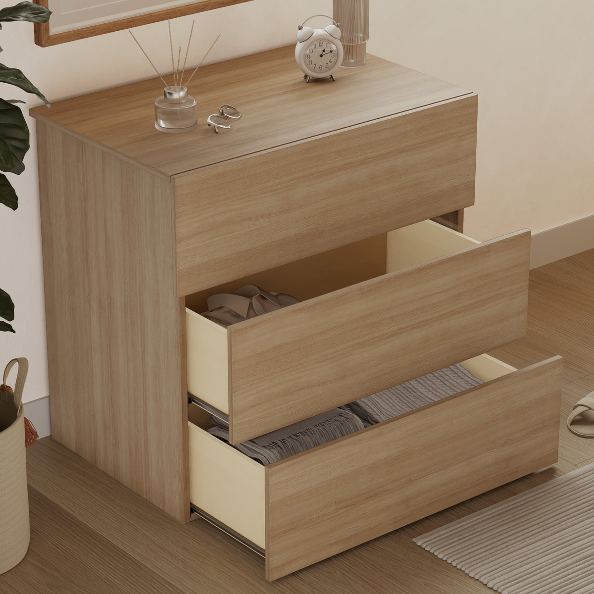 3-Drawer Modern Dresser in Brown Oak – lifestyle photo 3