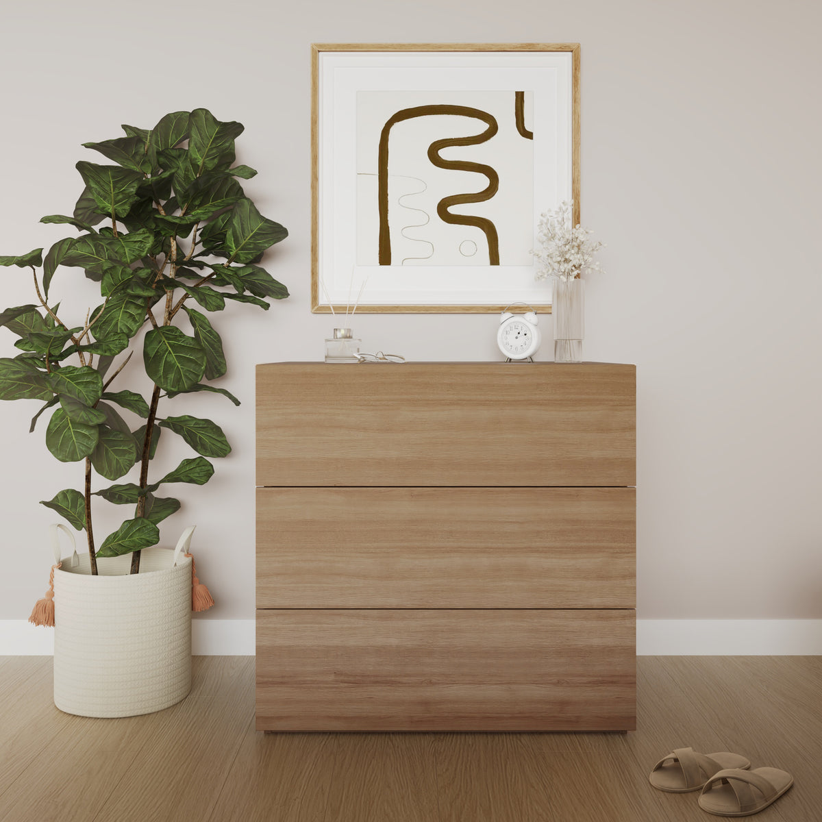 3-Drawer Modern Dresser in Brown Oak – lifestyle photo