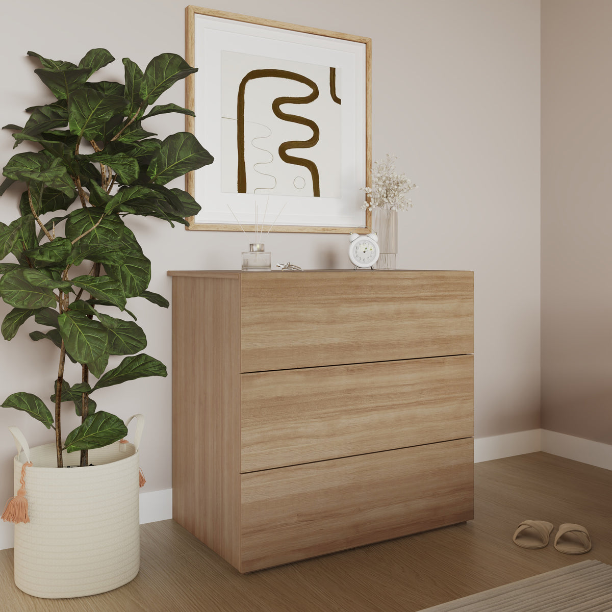 3-Drawer Modern Dresser in Brown Oak – lifestyle photo 2