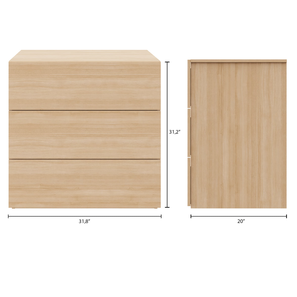 3-Drawer Modern Dresser in Natural Oak – dimensions diagram