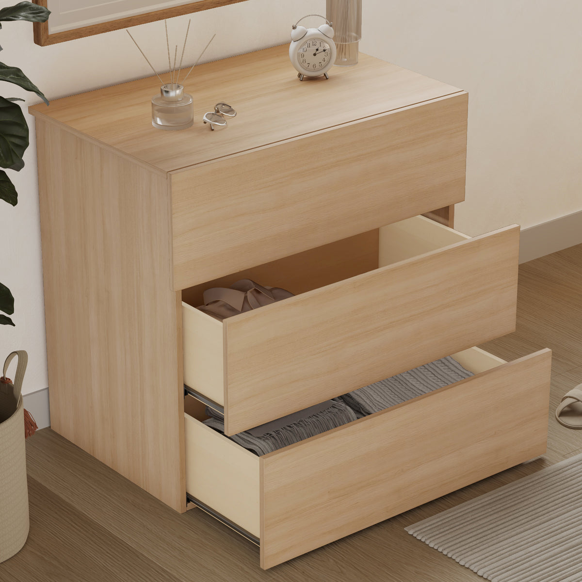 3-Drawer Modern Dresser in Natural Oak – lifestyle photo 3