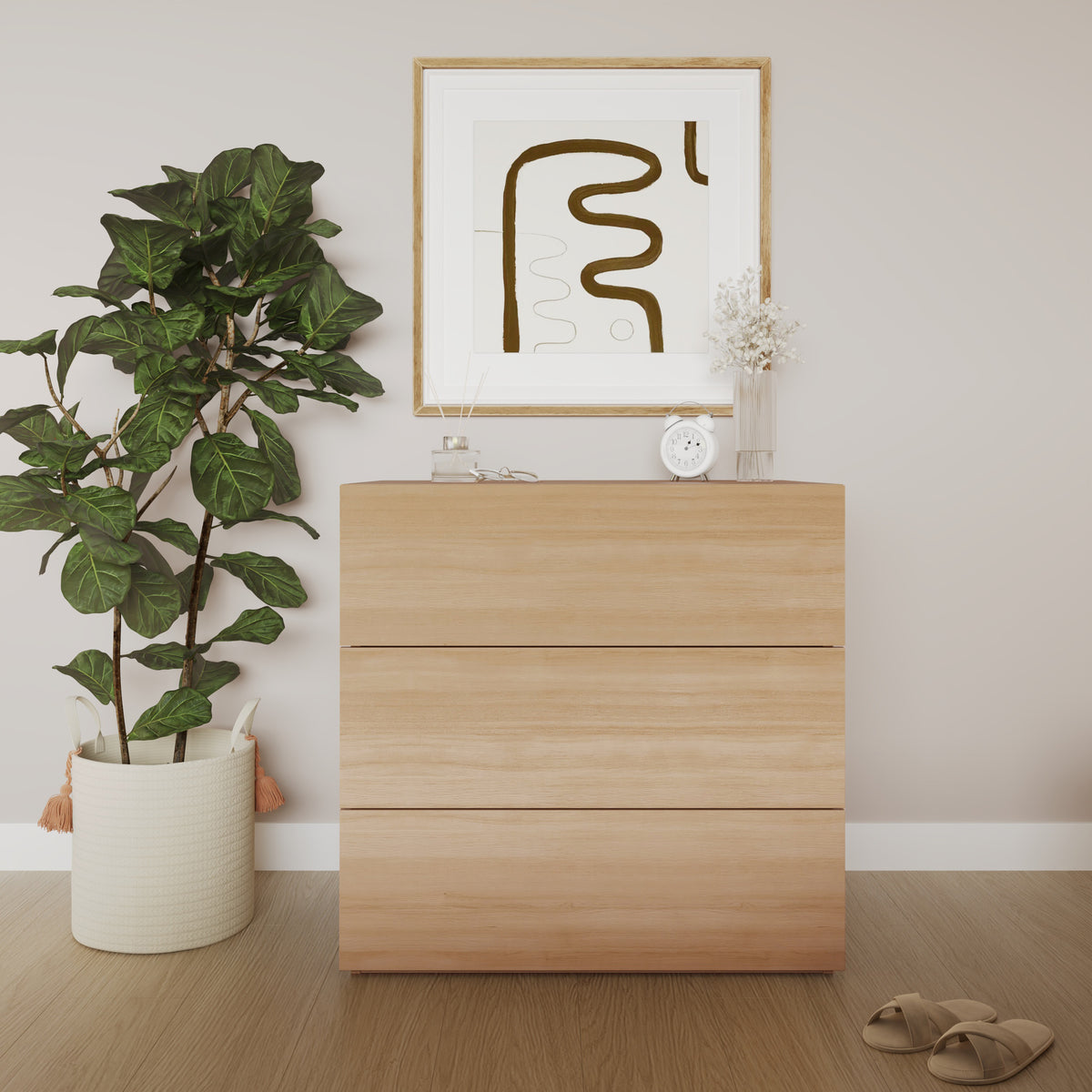 3-Drawer Modern Dresser in Natural Oak – lifestyle photo