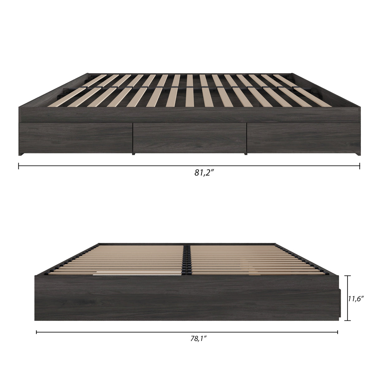 3-Drawer Storage Bed Frame in Bark Grey, King – dimensions diagram