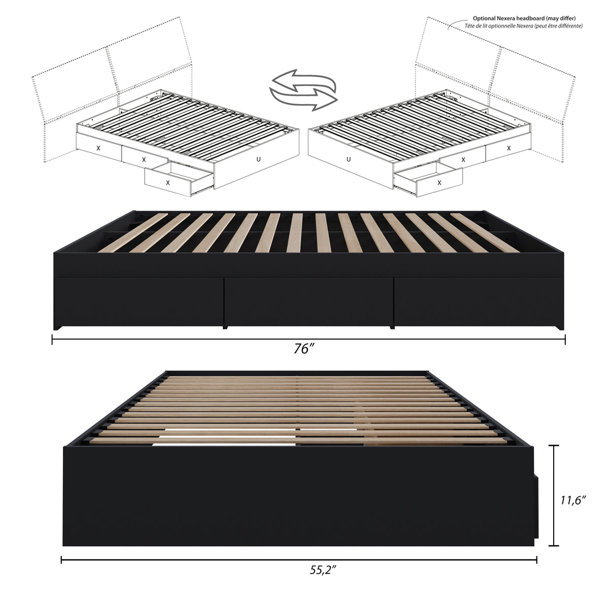 3-Drawer Storage Bed Frame in Black, Full/Double – dimensions diagram