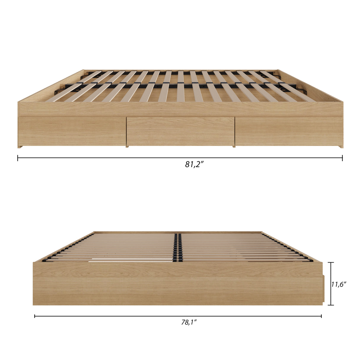 3-Drawer Storage Bed Frame in Maple, King – dimensions diagram