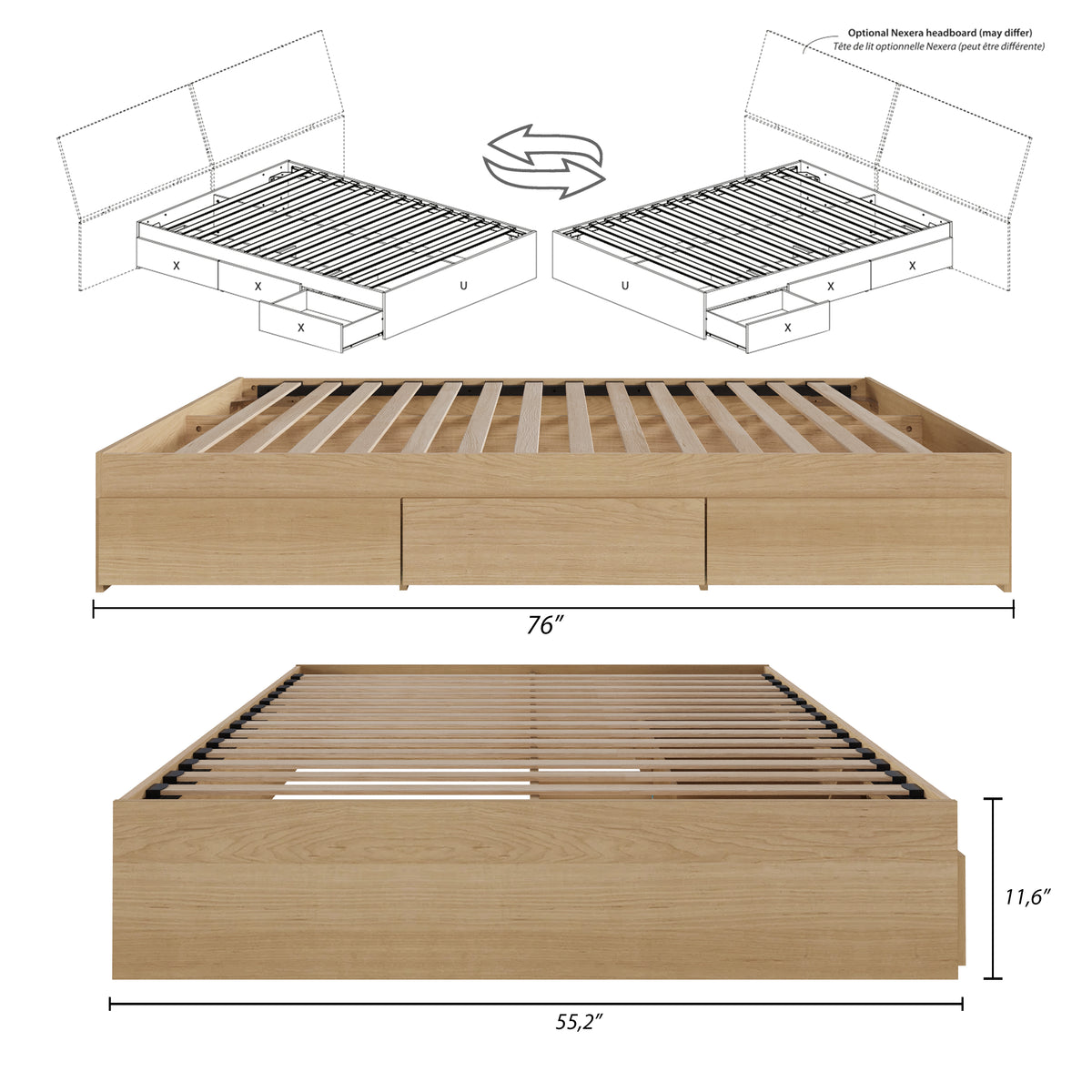 3-Drawer Storage Bed Frame in Natural Maple, Full/Double – dimensions diagram