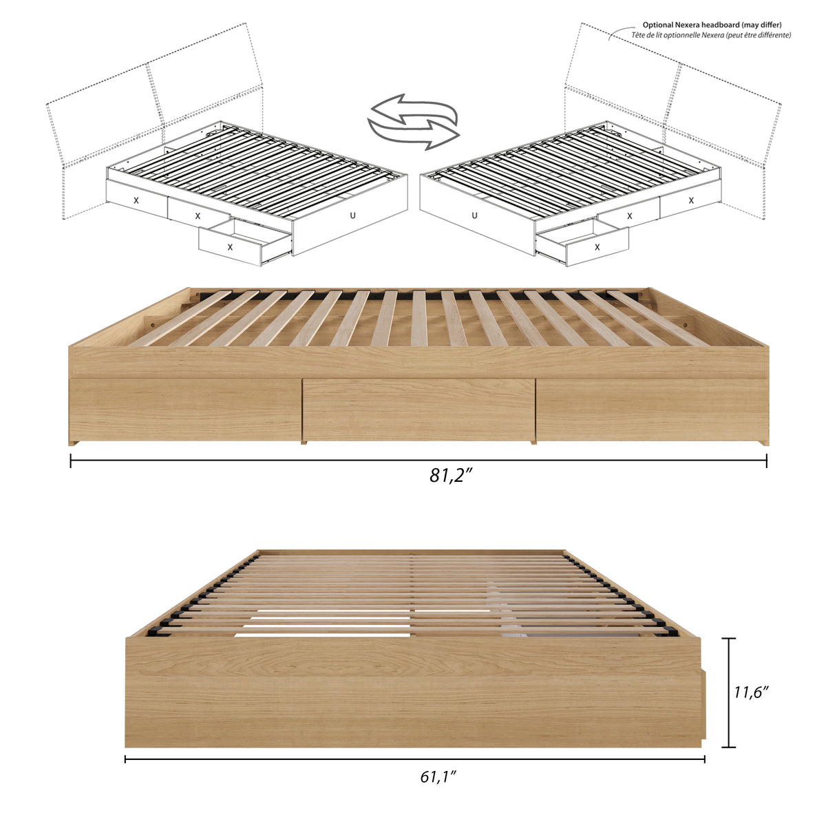3-Drawer Storage Bed Frame in Natural Maple, Queen – dimensions diagram