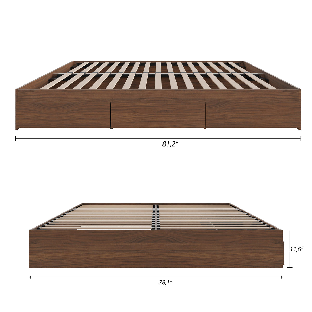3-Drawer Storage Bed Frame in Walnut, King – dimensions diagram