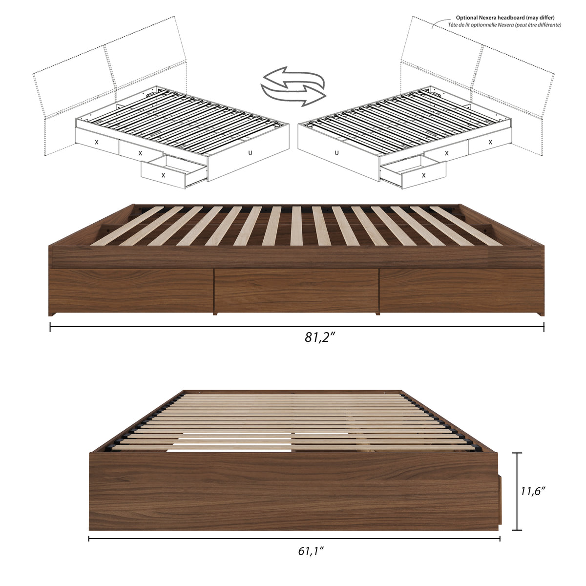 3-Drawer Storage Bed Frame in Walnut, Queen – dimensions diagram