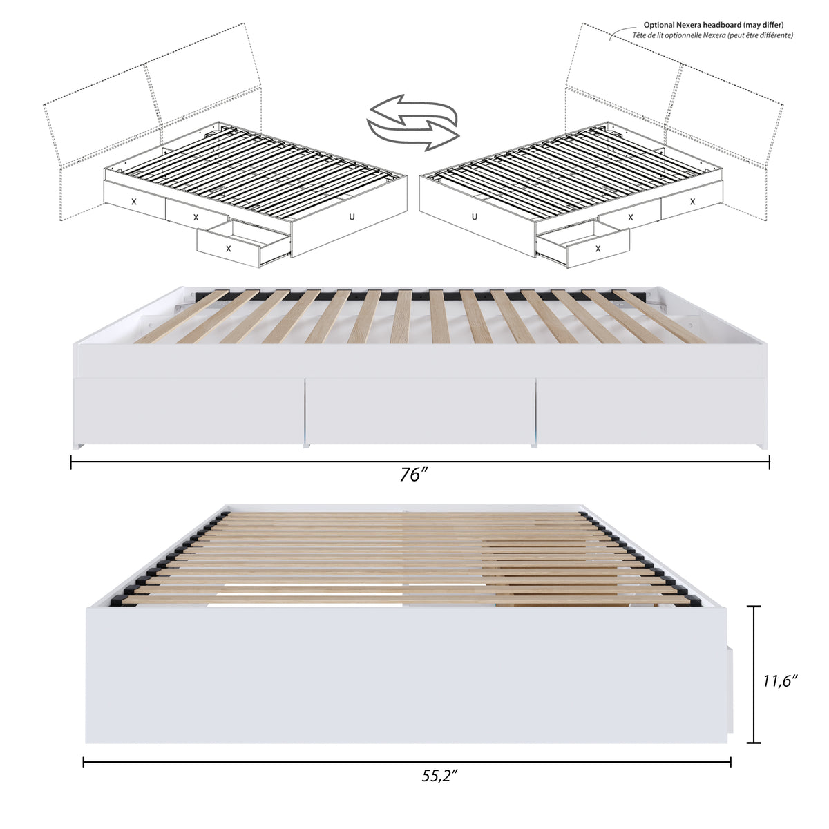 3-Drawer Storage Bed Frame in White, Full/Double – dimensions diagram
