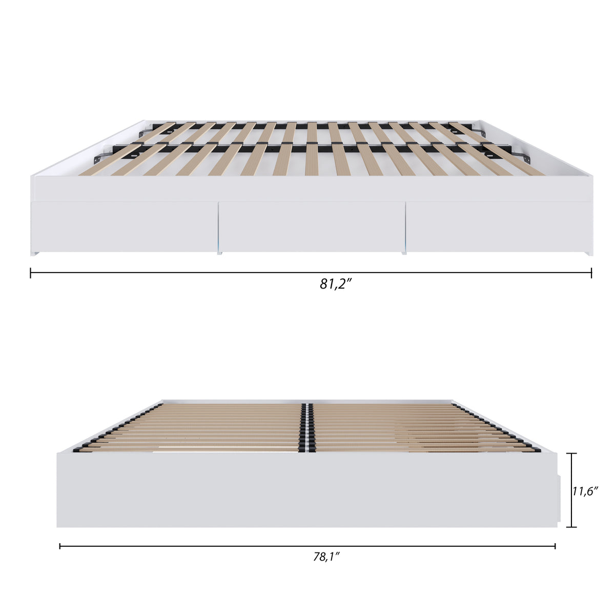 3-Drawer Storage Bed Frame in White, King – dimensions diagram