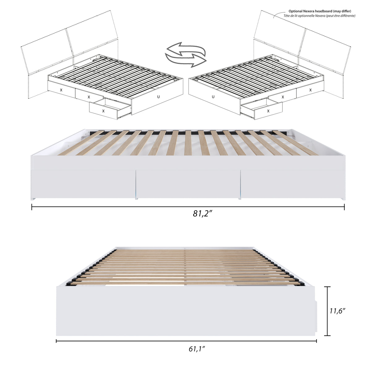 3-Drawer Storage Bed Frame in White, Queen – dimensions diagram