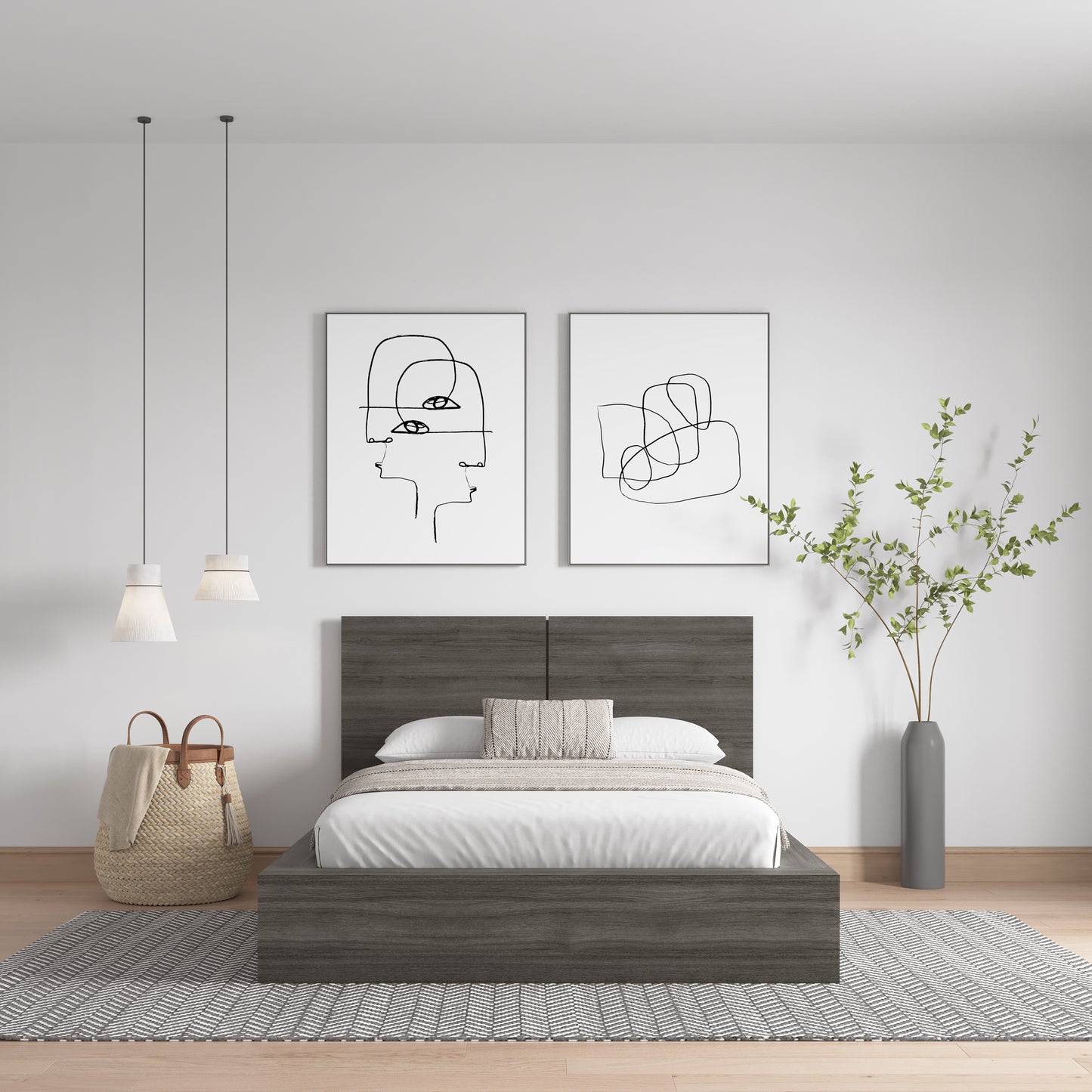 Lit plateforme avec tête de lit James, chêne gris