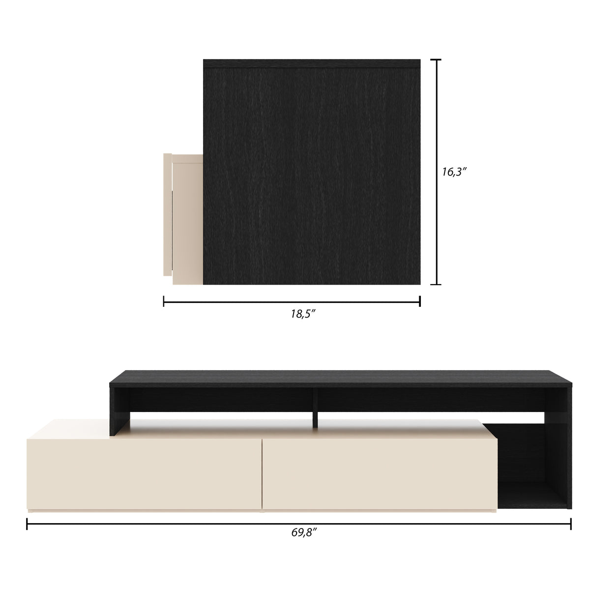 72-Inch Tv Stand With 2 Drawers in Black Karisma & Morning Dew – dimensions diagram