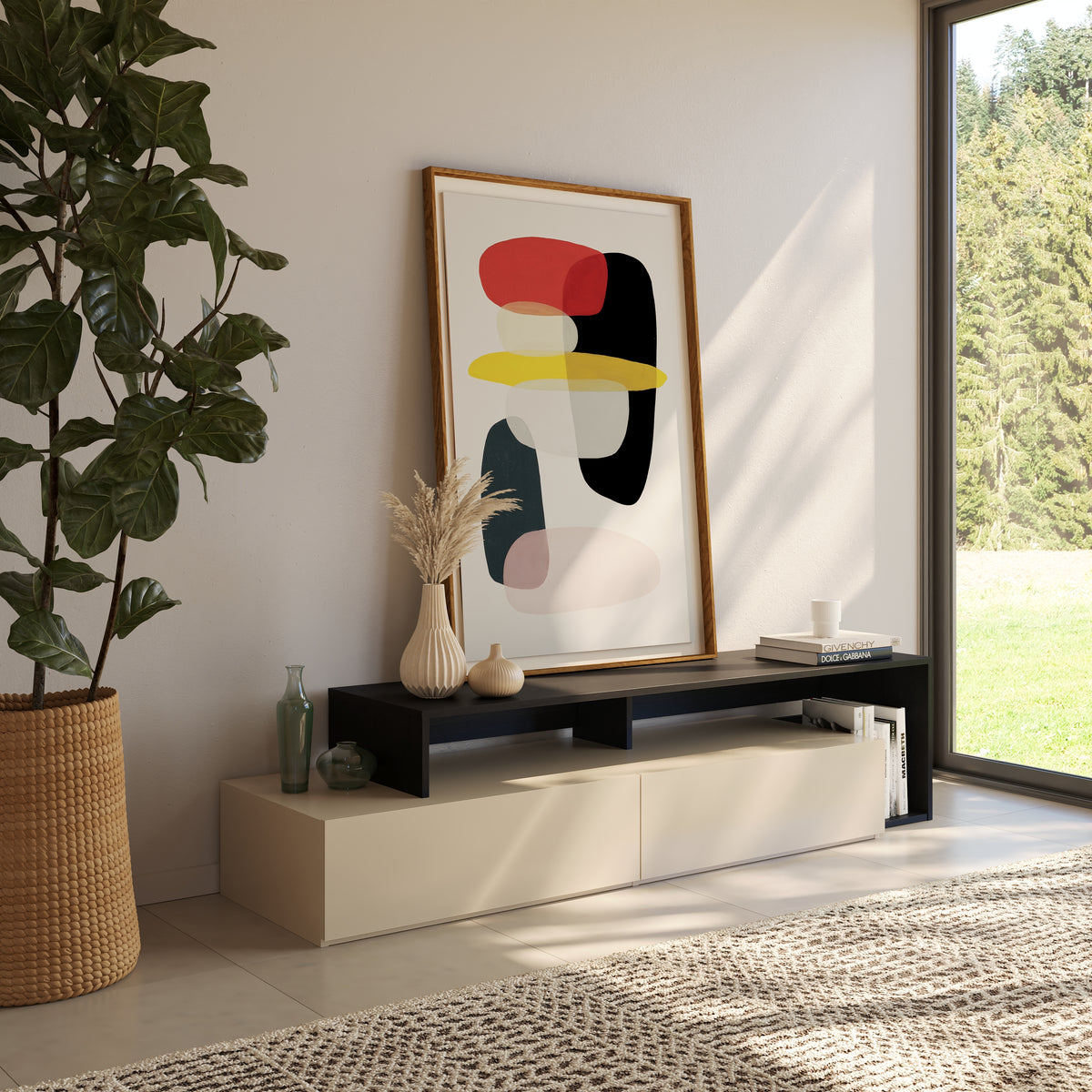 72-Inch Tv Stand With 2 Drawers in Black Karisma & Morning Dew – lifestyle photo 2